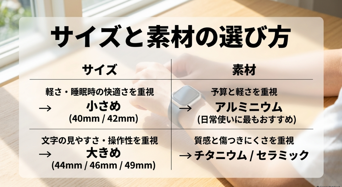 Apple Watchのサイズと素材の選び方。サイズは軽さ重視なら小さめ(40mm/42mm)、見やすさ重視なら大きめ(44mm/46mm/49mm)。素材は予算と軽さ重視ならアルミニウム、質感と傷つきにくさ重視ならチタニウムやセラミック