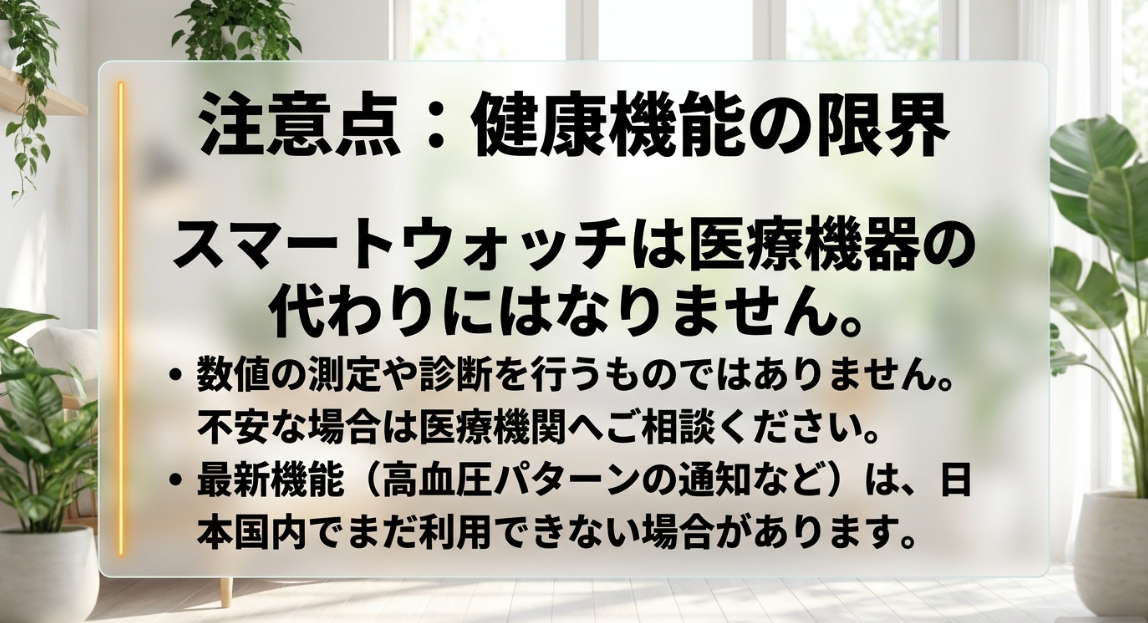 注意点:健康機能の限界。スマートウォッチは医療機器の代わりにはならず数値測定や診断は行わないこと、高血圧パターンの通知など最新機能は日本国内で未提供の場合があることの案内