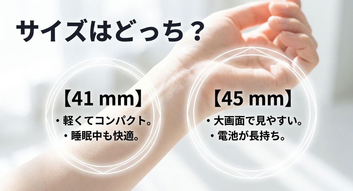 軽さとコンパクトさの41mmと、大画面で電池が長持ちする45mmの特徴を比較したスライド画像