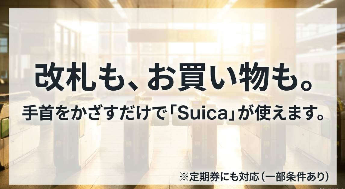 手首をかざすだけでSuicaや定期券が使えることを解説したPixel Watchのスライド画像