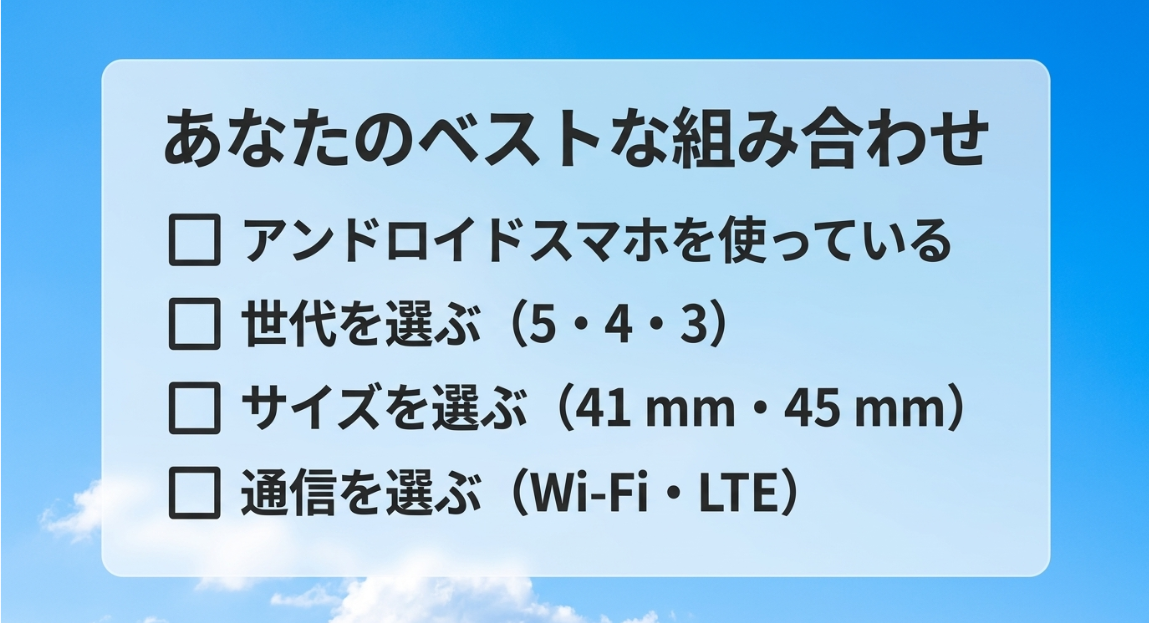 Androidスマホ、世代、サイズ、通信方式の選び方をステップ順にまとめたスライド画像