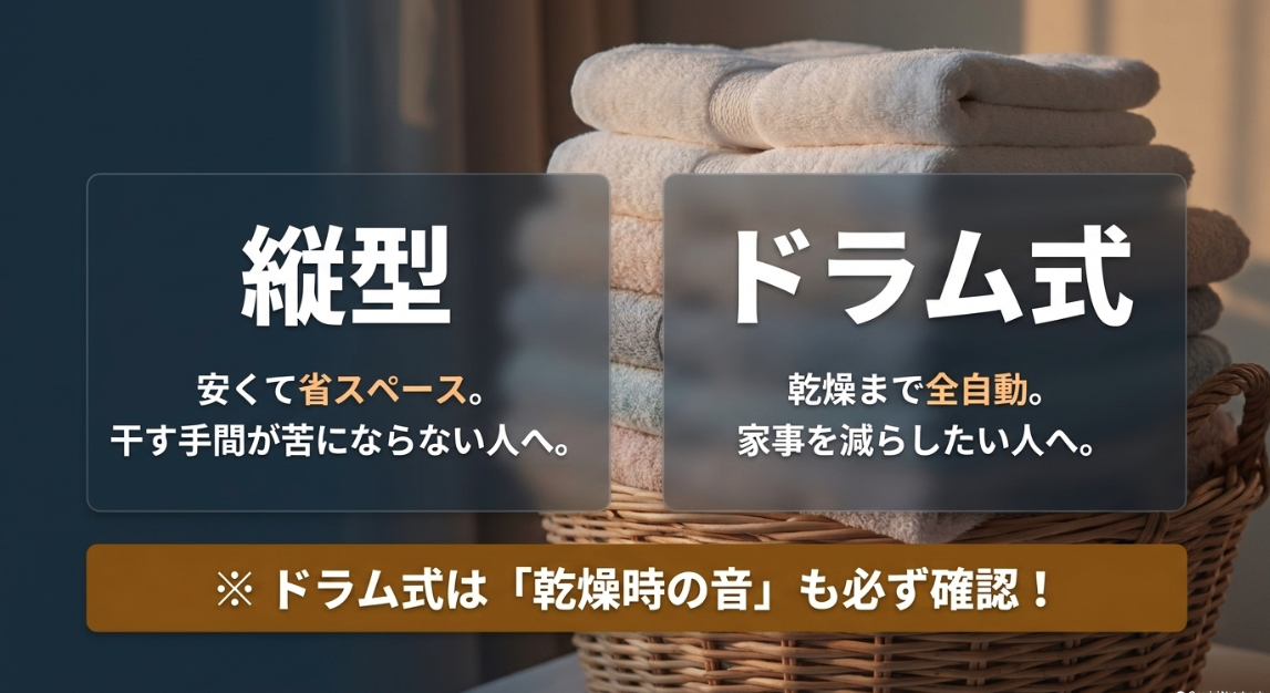 安くて省スペースな縦型洗濯機と乾燥まで全自動で乾燥時の音の確認が必要なドラム式洗濯機の比較