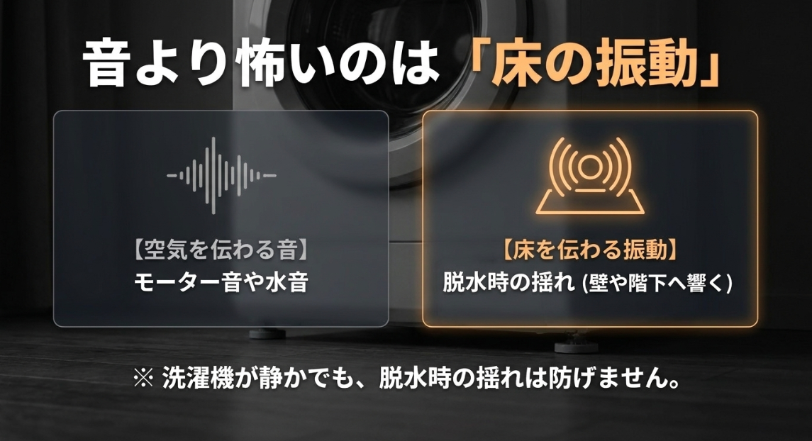 洗濯機はモーター音や水音など空気を伝わる音だけでなく壁や階下へ響く脱水時の床を伝わる振動に注意