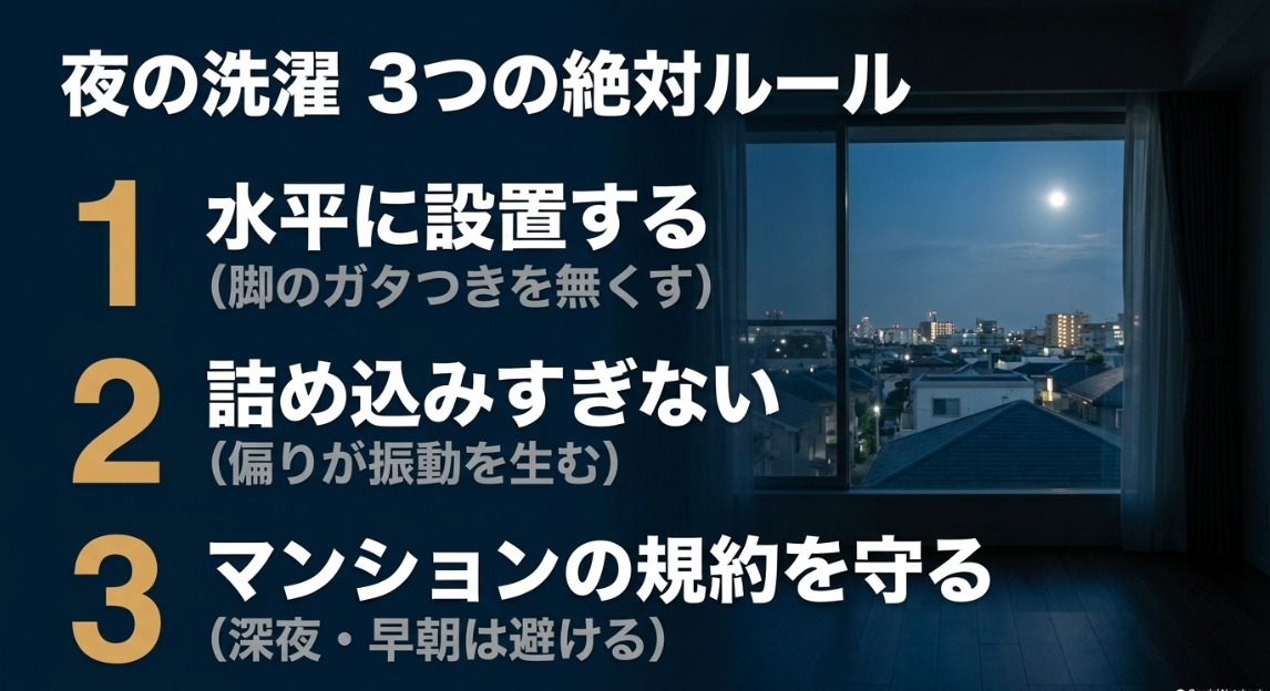 夜の洗濯の3つのルール（脚のガタつきを無くし水平に設置する、偏りを防ぐため詰め込みすぎない、マンションの規約を守る）