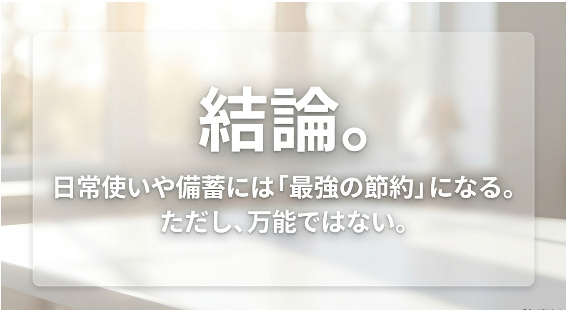 結論としてAmazon電池は日常使いや備蓄には最強の節約になるが万能ではないことを示す図解