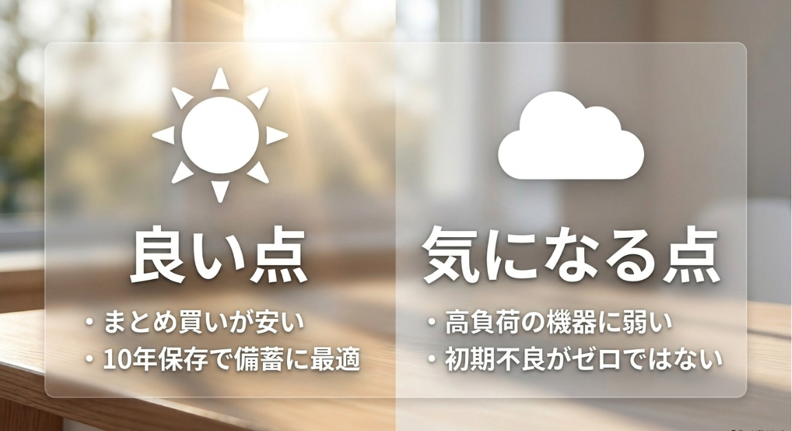 Amazon電池の良い点（まとめ買いが安い・10年保存で備蓄に最適）と気になる点（初期不良がゼロではない・高負荷の機器に弱い）の比較図