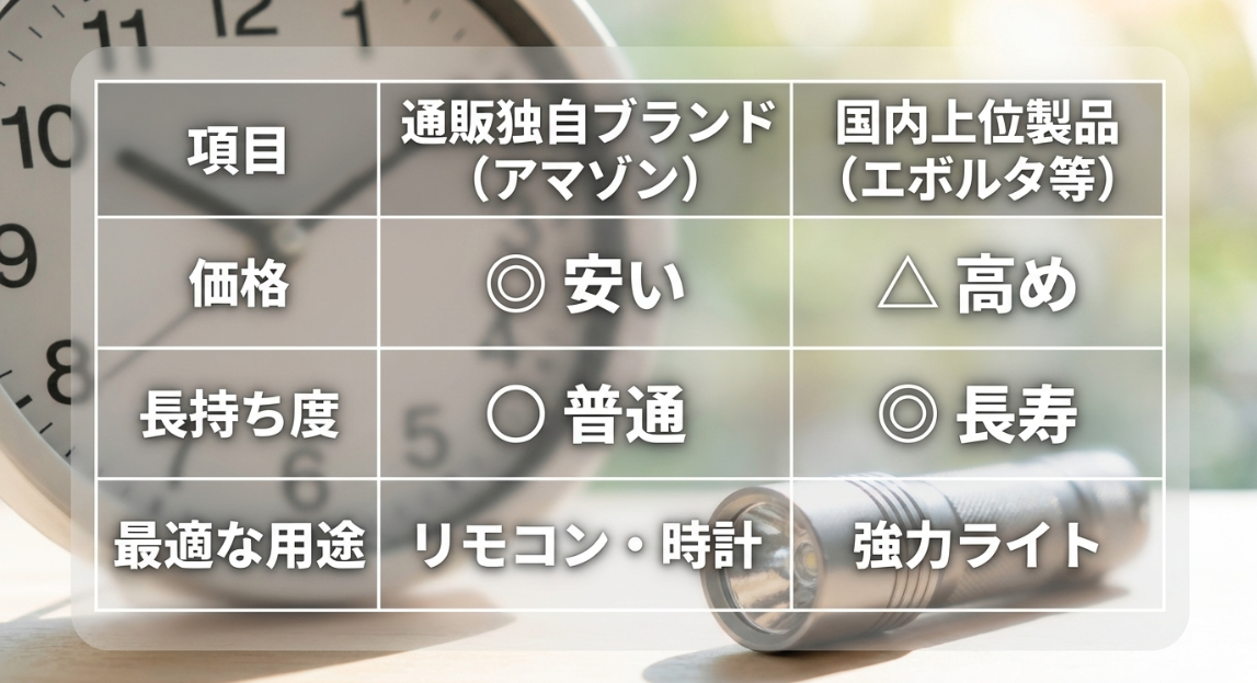 通販独自ブランド（アマゾン）と国内上位製品（エボルタ等）の価格、長持ち度、最適な用途を比較した一覧表