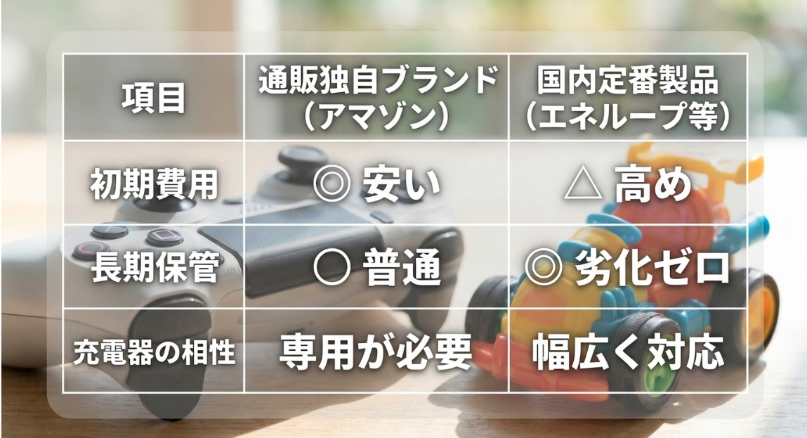 Amazonの充電池と国内定番製品（エネループ等）の初期費用、長期保管、充電器の相性を比較した図解