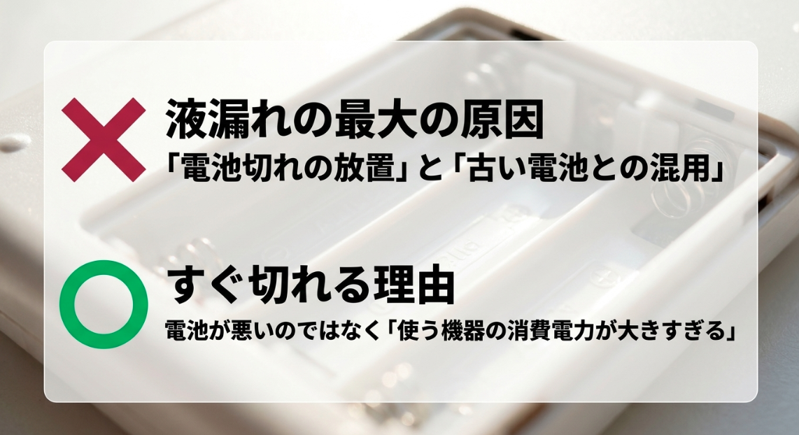 液漏れの最大の原因（電池切れの放置と古い電池との混用）とすぐ切れる理由（使う機器の消費電力が大きすぎる）を解説した図
