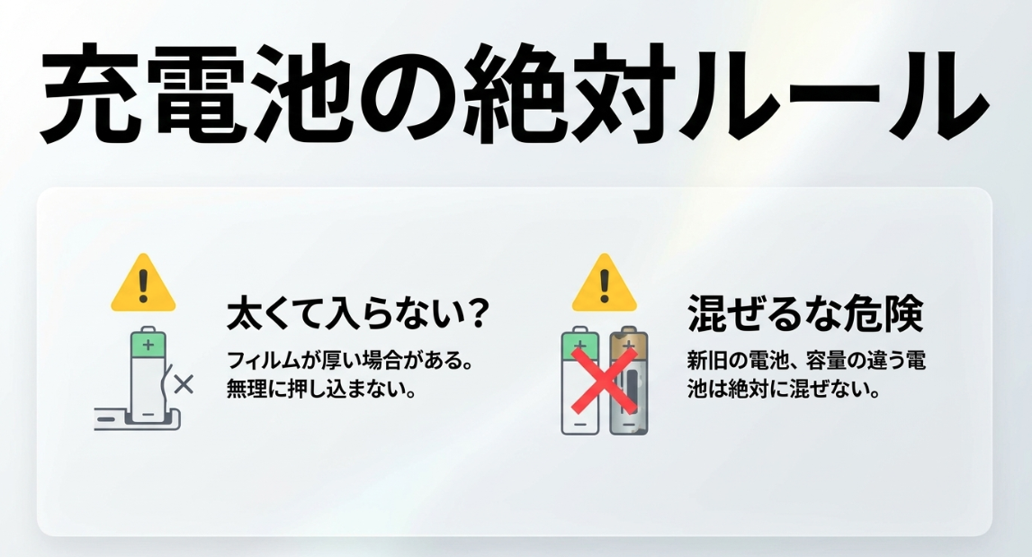 充電池の絶対ルールとして、フィルムが厚く太くて入らない場合に無理に押し込まないこと、新旧や容量の違う電池を混ぜないことを示す注意喚起画像