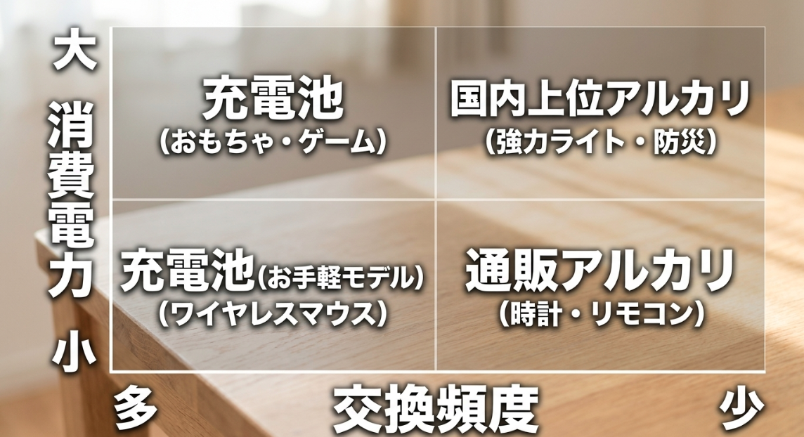 消費電力の大小と交換頻度の多寡によって、充電池・国内上位アルカリ・お手軽充電池・通販アルカリの4つをどう使い分けるか示したマトリクス図