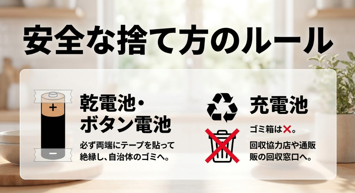 乾電池・ボタン電池は両端にテープを貼って絶縁し自治体のゴミへ出し、充電池は回収協力店や通販の回収窓口へ出すという安全な捨て方のルール図解