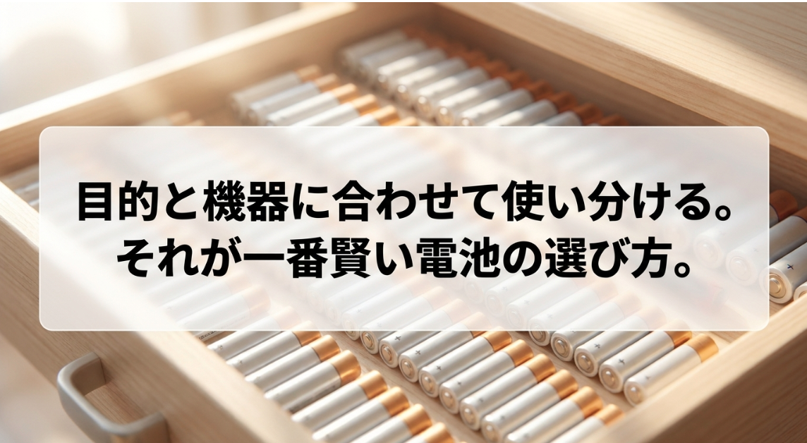 目的と機器に合わせて使い分けることが一番賢い電池の選び方であることを伝えるまとめスライド